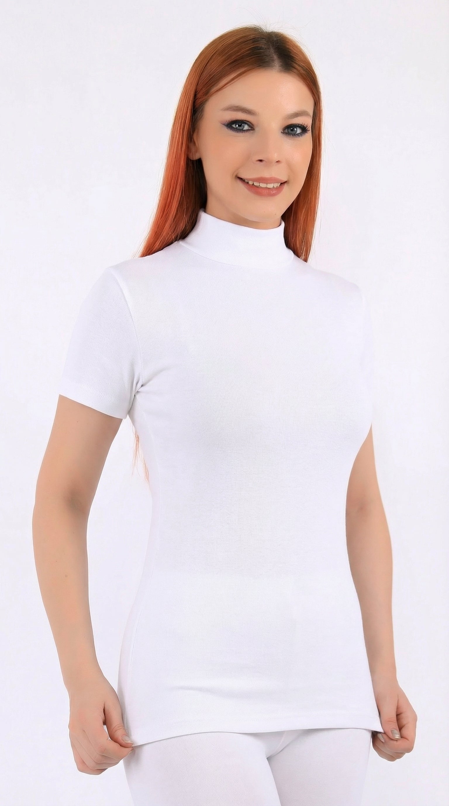 (6 قطع)توب نسائي نصف كم برقبة عالية-ابيض