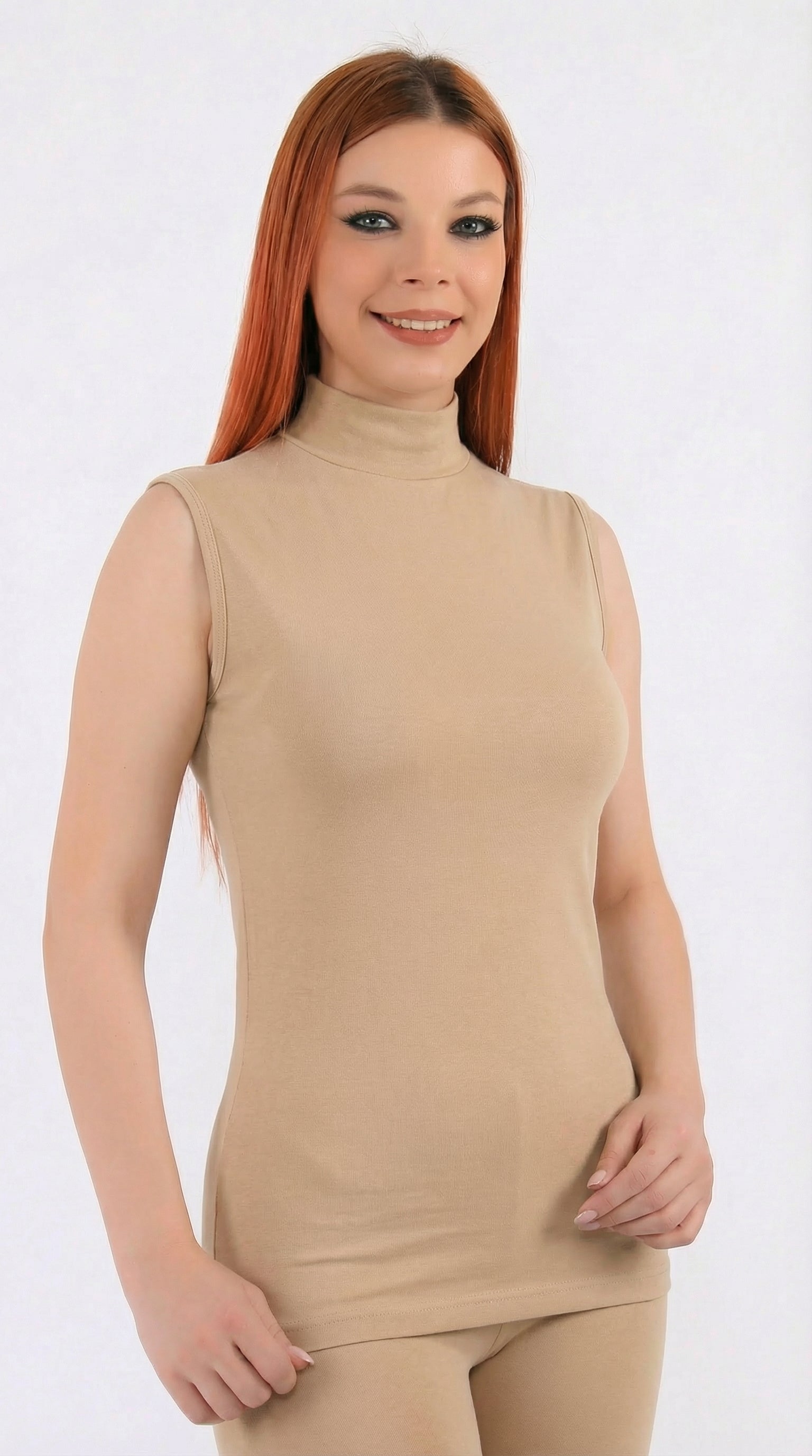 (6 قطع)توب نسائي رقبة عالية بدون اكمام-بيج