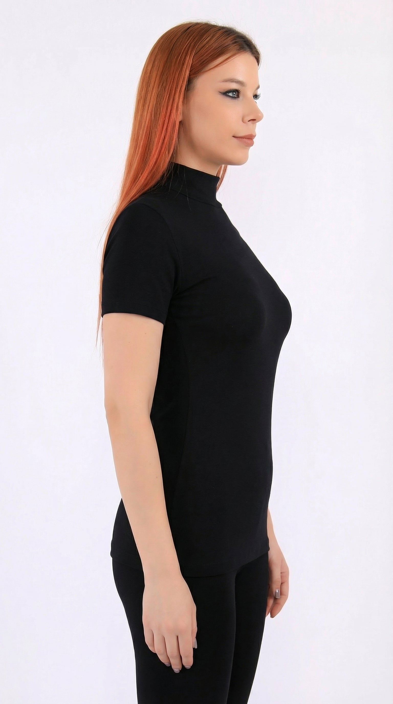 (6 قطع)توب نسائي نصف كم برقبة عالية-اسود