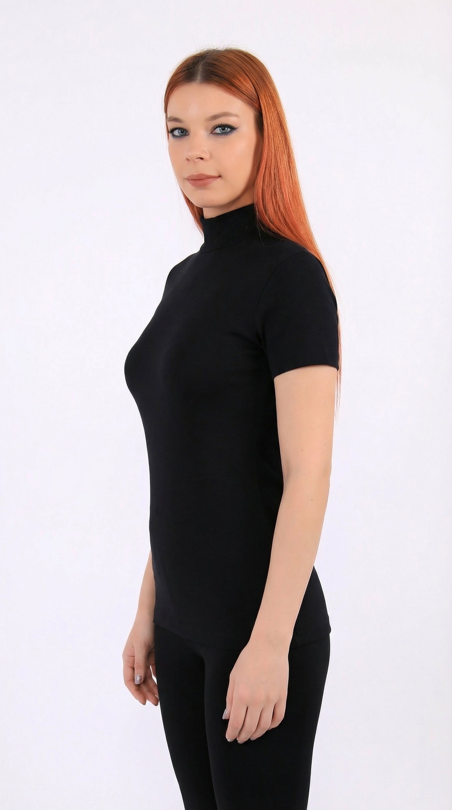 (6 قطع)توب نسائي نصف كم برقبة عالية-اسود