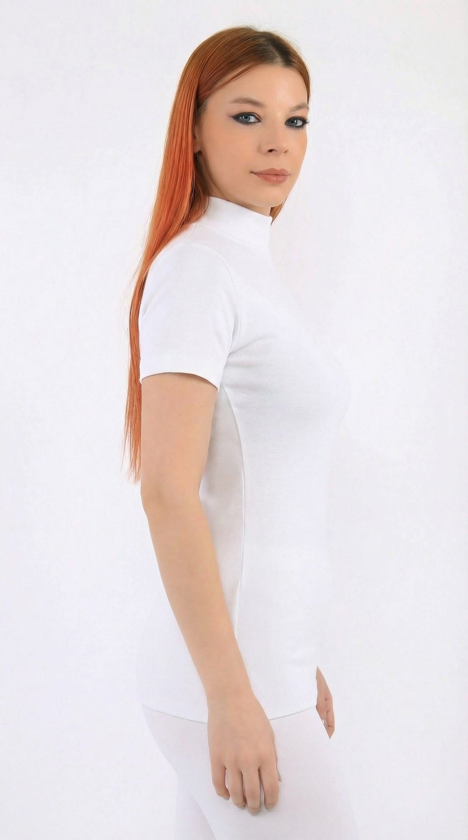 (6 قطع)توب نسائي نصف كم برقبة عالية-ابيض