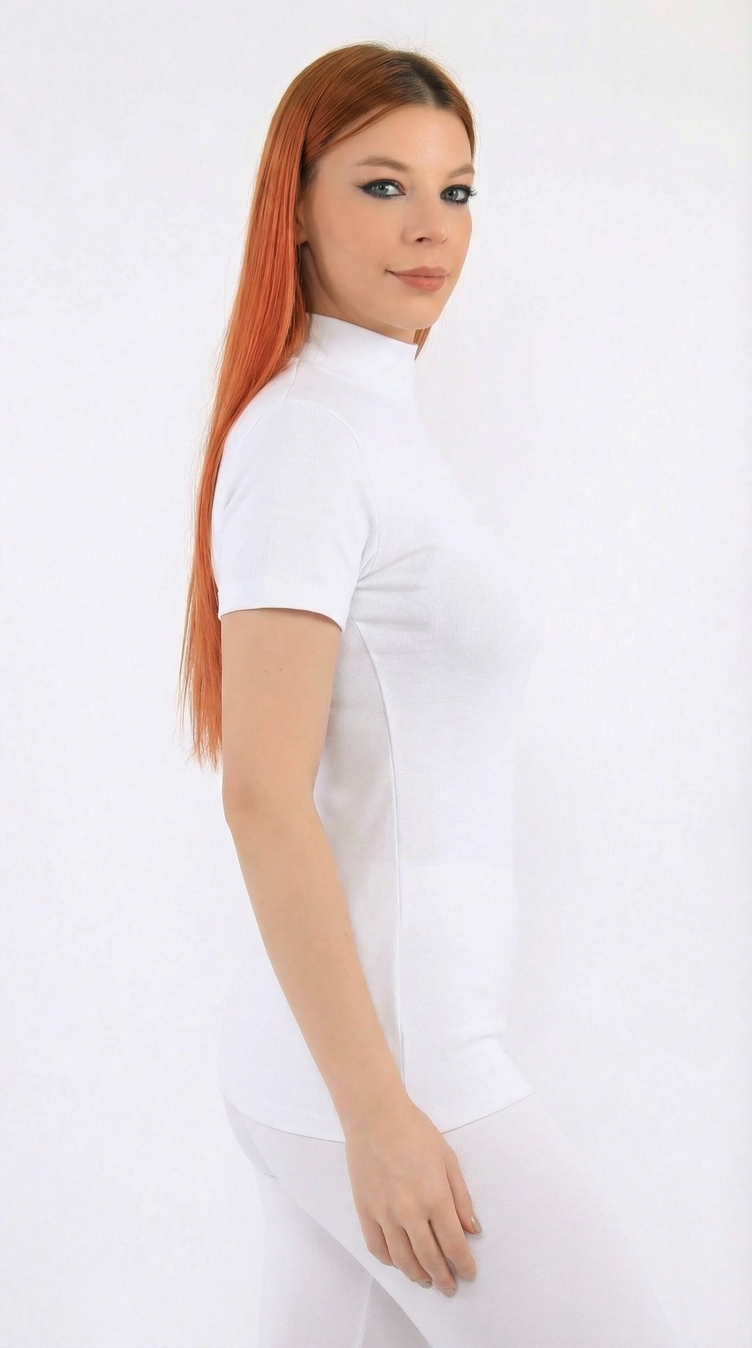 (6 قطع)توب نسائي نصف كم برقبة عالية-ابيض