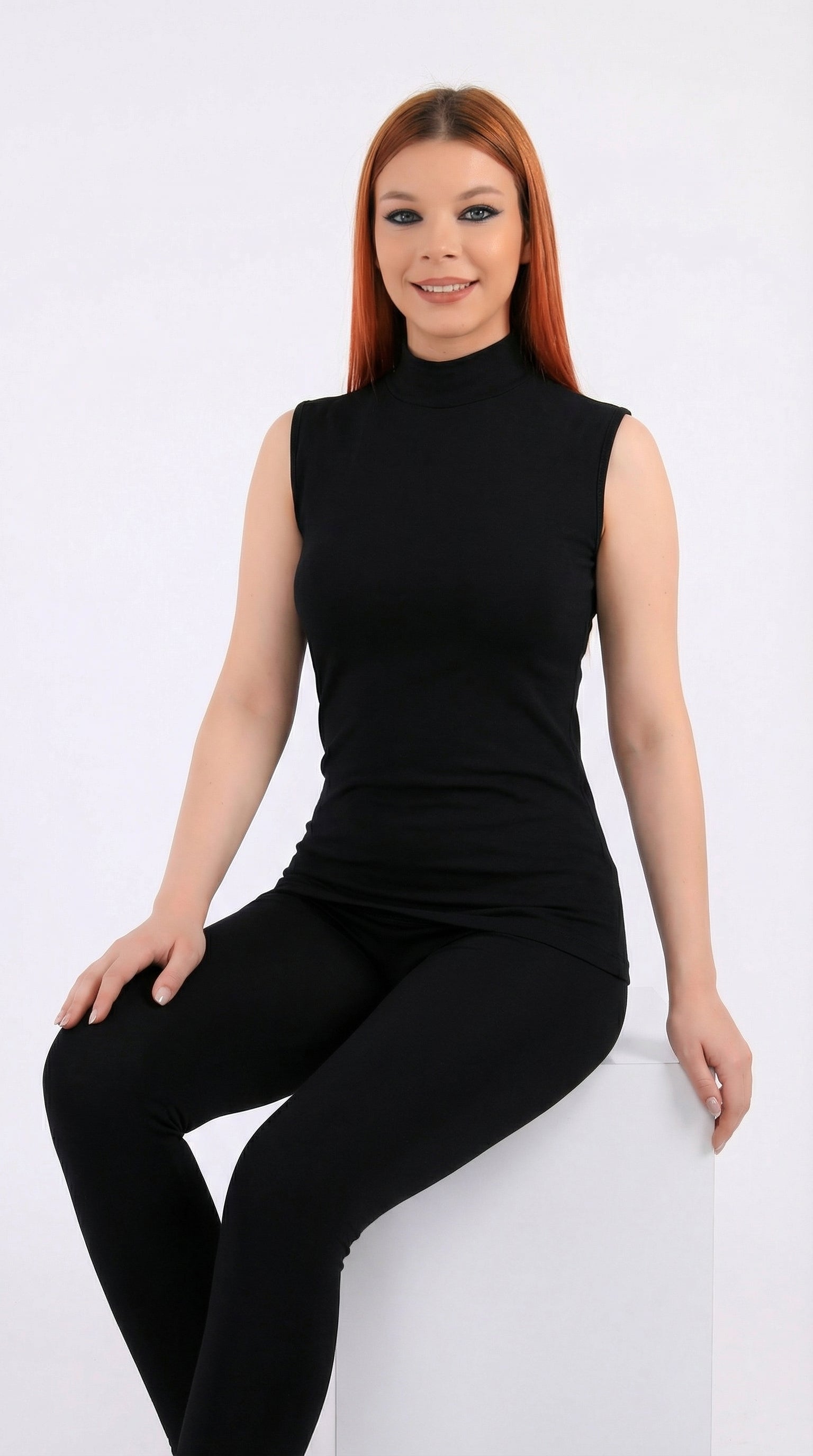 (6 قطع)توب نسائي رقبة عالية بدون اكمام-اسود