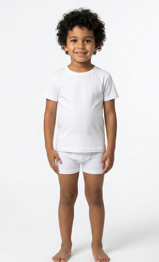 Child wearing a plain white t-shirt and shorts on a white background