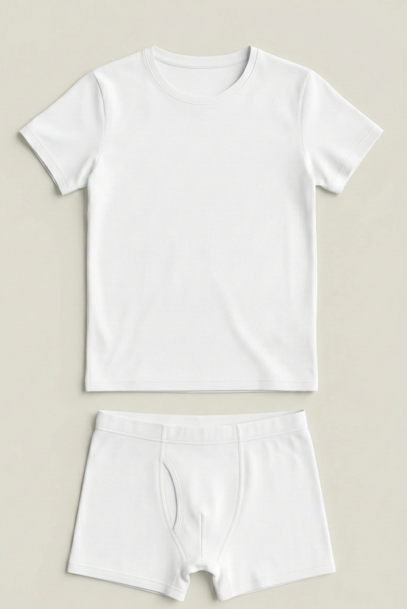 White t-shirt and shorts set on a beige background