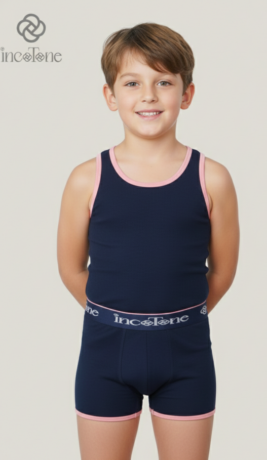 Child wearing navy blue swim outfit with pink trim on a plain background